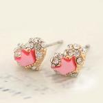 Pink Rhinestone Heart Crown Stud Earrings